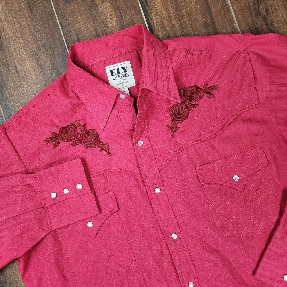 Ely Cattleman Pearl Snap Men’s Medium Red Embroidered Shirt Roses Western Long